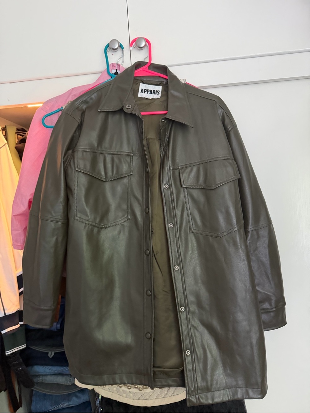 Apparis Green Leather Button Shirt Jacket